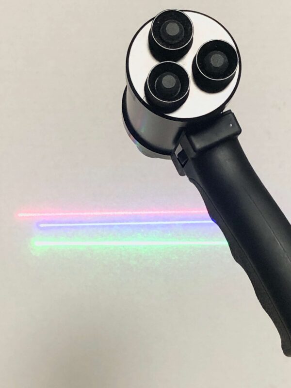 A black handle with four different colored lights